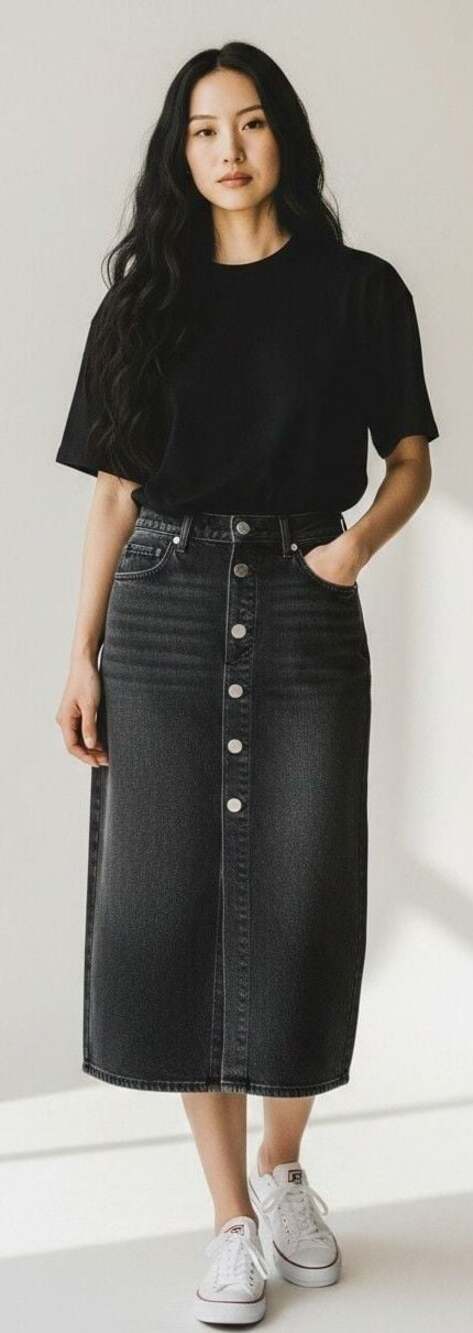 Citizens of Humanity Black Denim Button-Front Midi Skirt